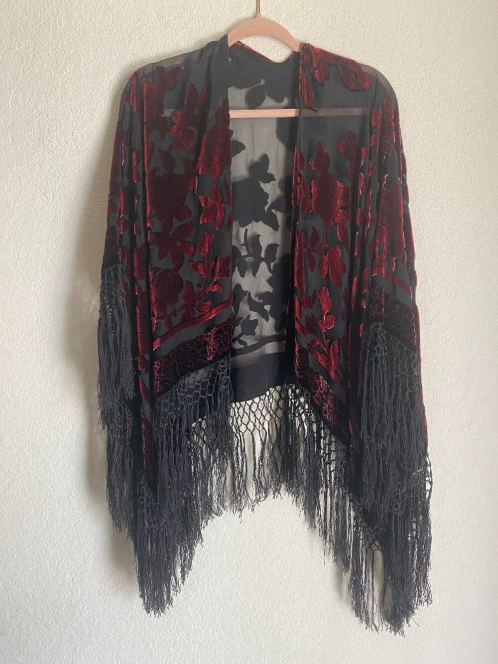 Silk Gothic Romantic Burgundy Red Velvet Floral Sheer Shawl Wrap Macrame Fringe - Picture 2 of 10
